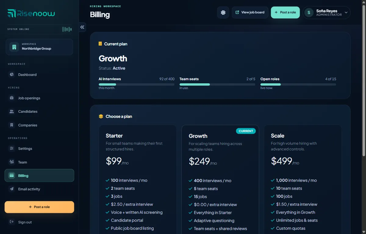 The billing page: the current plan with allowance bars for interviews, seats and open roles, and the plans you can move to