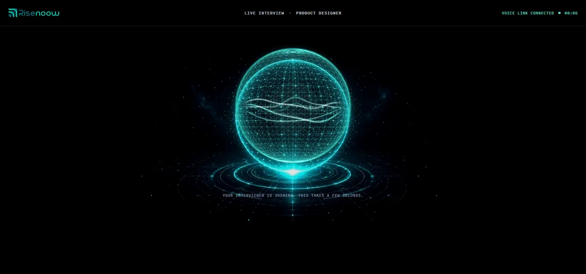 The Risenoow interview screen: the interviewer at the centre and the status line while it joins